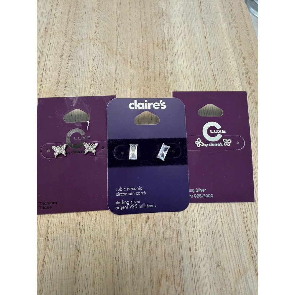 Claire's Luxe Butterfly &‎ Baguette Cubic Zirconia Earrings Sterling Silver NEW